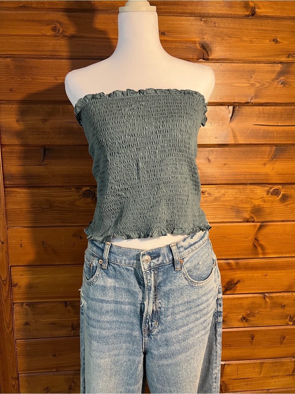 Smocked Strapless Crop Top in Sage Green